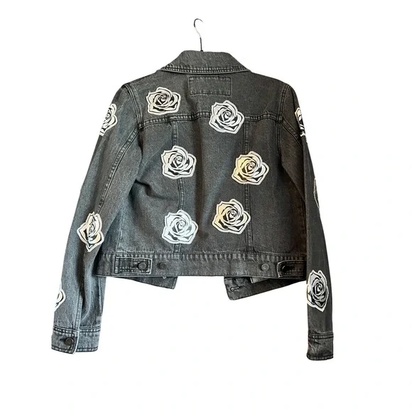 Bagatelle Denim‎ Jacket XS Gray Rose Applique Jean Trucker Coat